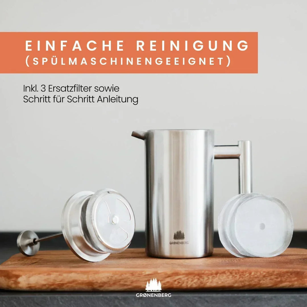 Elegante doppelwandige Edelstahl French Press 350 ml, isoliert, perfekt für stilvollen Kaffeegenuss Zuhause.