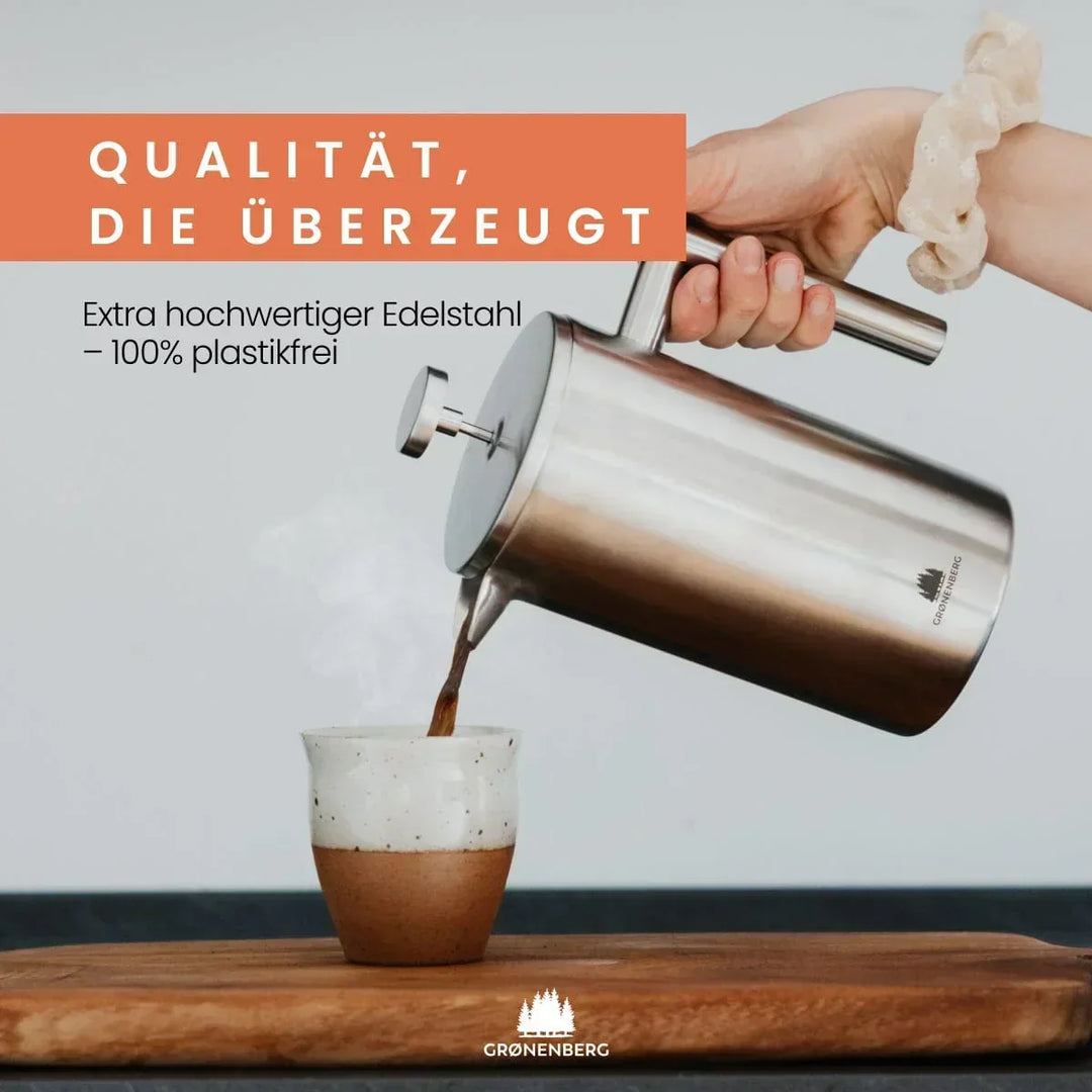 Nachhaltiger Edelstahl Kaffeebereiter 350 ml, plastikfrei, ideal für aromatischen, frisch gebrühten Kaffee.