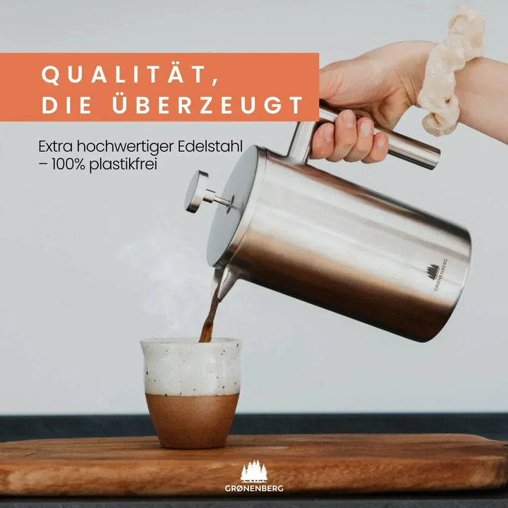 Nachhaltiger Edelstahl Kaffeebereiter 350 ml, plastikfrei, ideal für aromatischen, frisch gebrühten Kaffee.