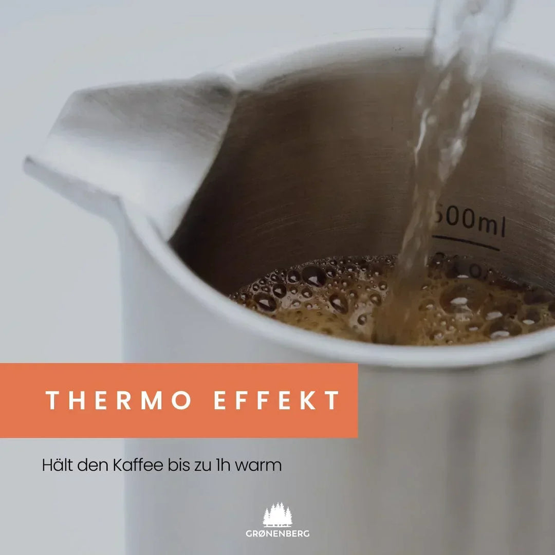 Isolierte French Press 350 ml aus Edelstahl, spülmaschinengeeignet, hält Kaffee lange warm für besten Genuss.