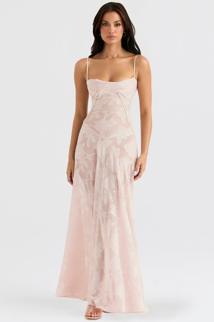 Figurbetontes festliches Damen Maxikleid im Korsettstil mit Blumenmuster, Spaghettiträgern und elegantem, offenem Rücken.