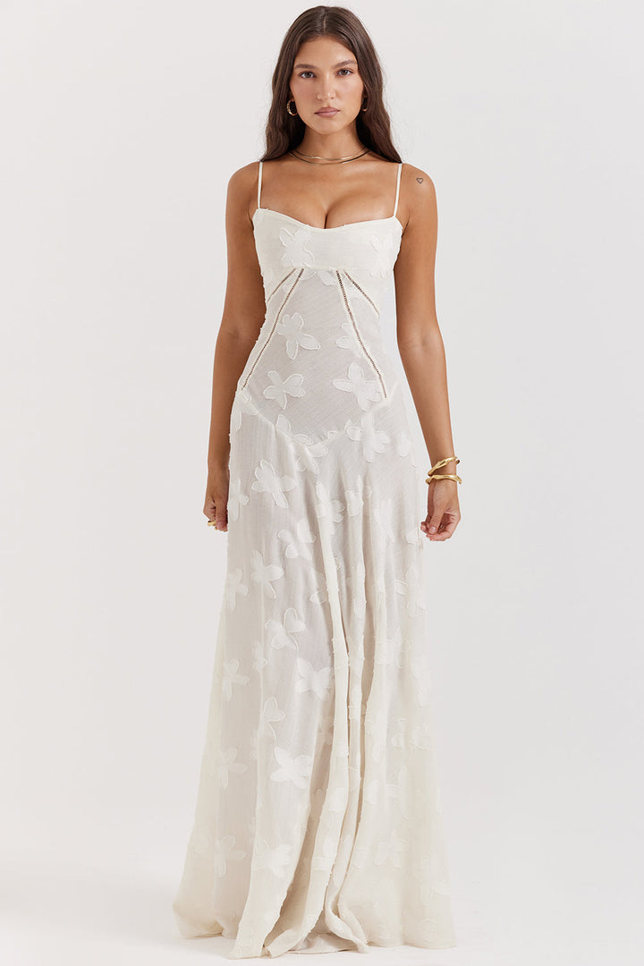 Schönes festliches Damen Maxikleid mit Blumenmuster, Spaghettiträgern, rückenfreiem Design und eleganter Romantik.