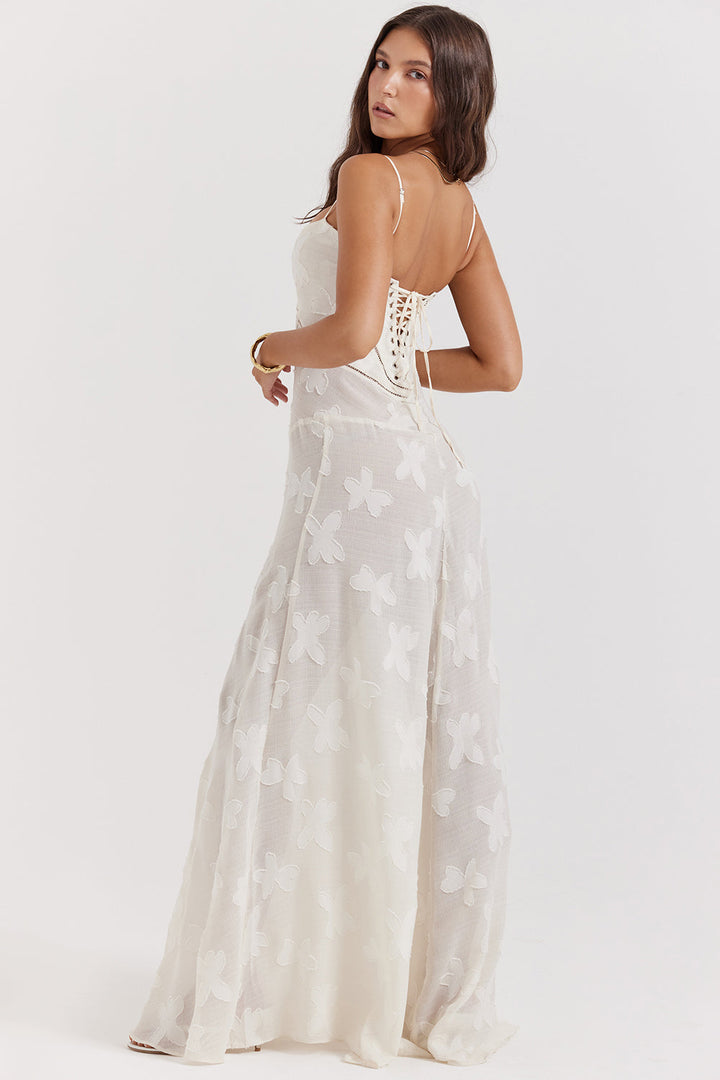 Elegantes rückenfreies Damen Maxikleid mit zarten Spaghettiträgern, Blumenmuster und figurbetontem Korsettstil.