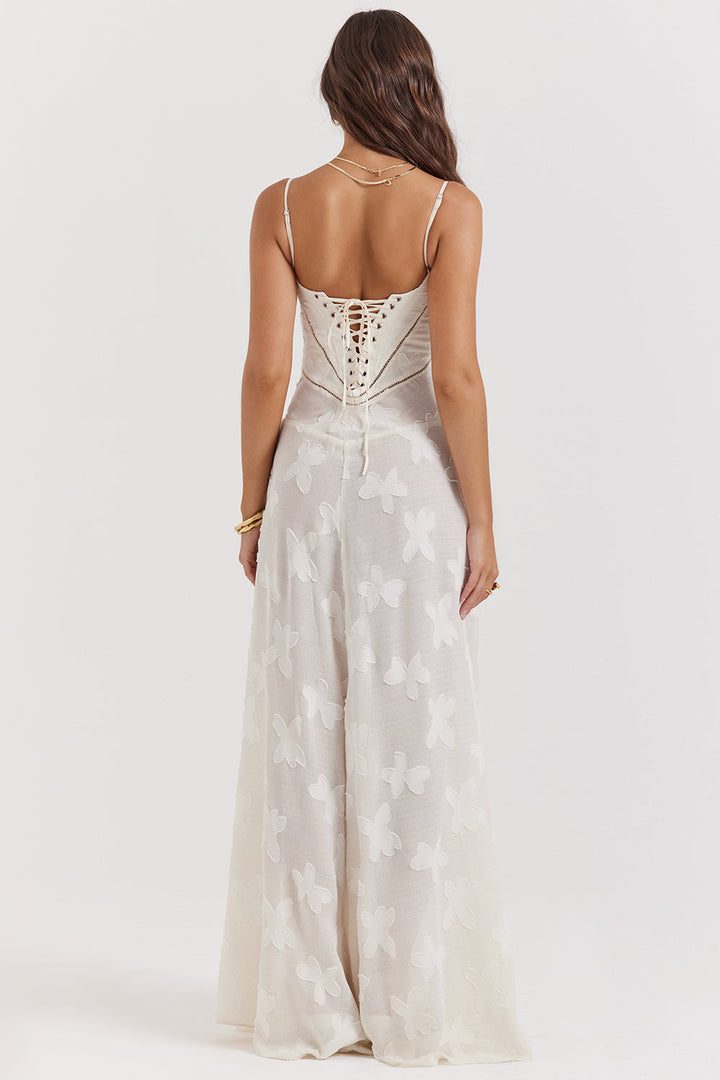 Damen Abendkleid in Maxi-Länge mit Blumenmotiv, schmalen Trägern und stilvollem Korsett-Oberteil für Feiern.