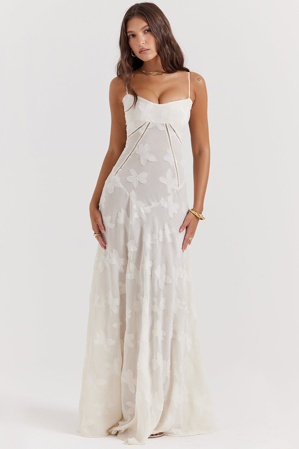 Elegantes festliches Damen Maxikleid mit Blumenmuster, Spaghettiträgern und romantischem Korsettstil.