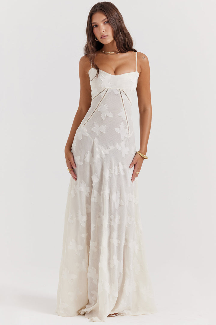 Elegantes festliches Damen Maxikleid mit Blumenmuster, Spaghettiträgern und romantischem Korsettstil.