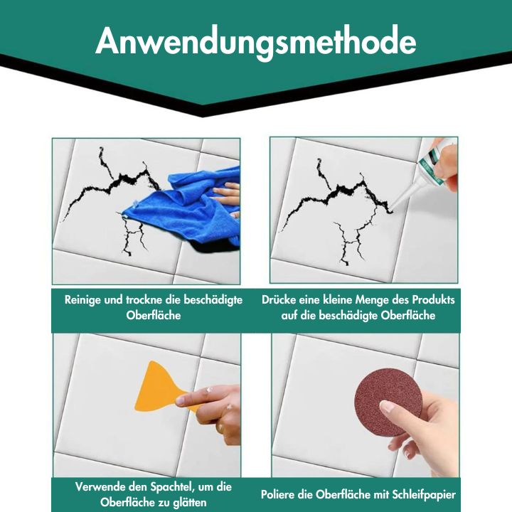 Komplettes Reparaturpaste Set für Fliesen: Beinhaltet Füllmasse und Werkzeuge zur Ausbesserung von Keramik & Marmor.