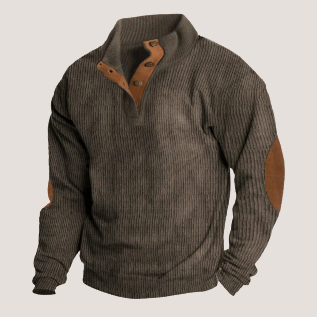 Klassischer gerippter Herrenpullover mit Knopfleiste. Zeitloses Langarm-Oberteil für Männer. Must-have für Wintermode.