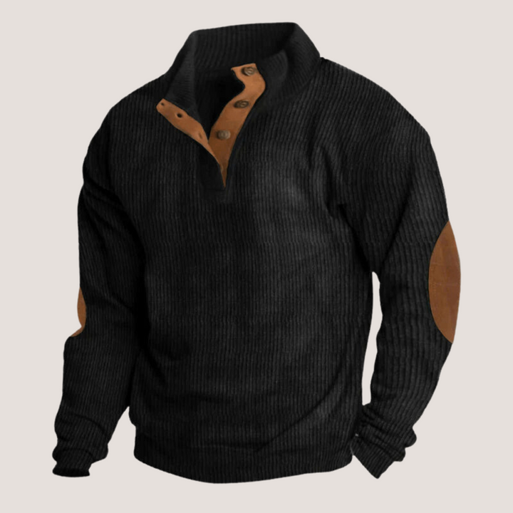 Modern geschnittener Herrenpullover, gerippt, mit Knopfleiste. Elegantes Langarm-Oberteil für Männer. Idealer Strick.