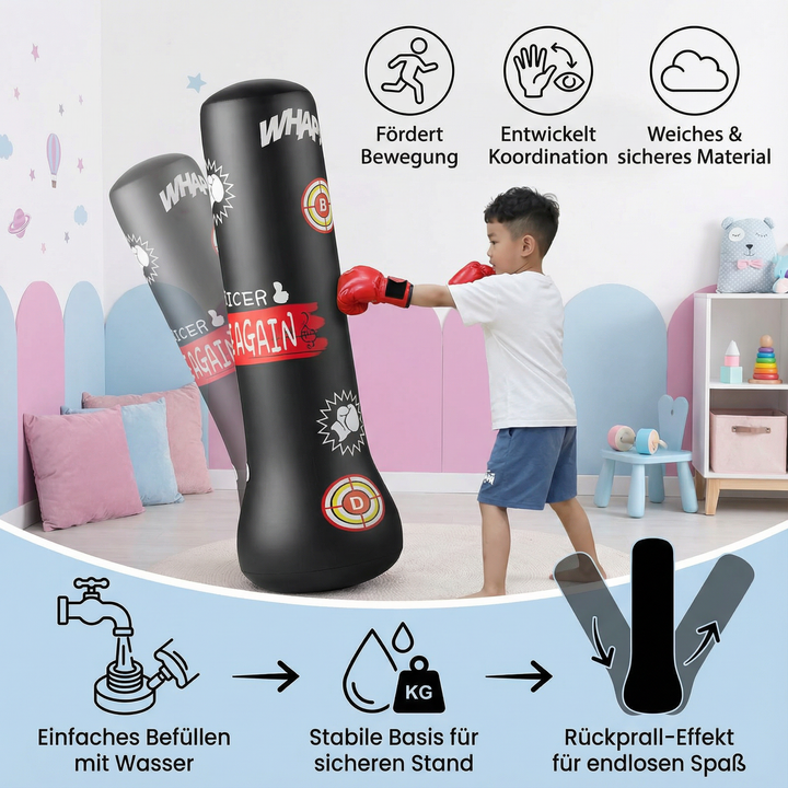 Stabiler, aufblasbarer Kinder-Boxsack, geeignet für Jungen & Mädchen. Bewegungsspielzeug zur Entwicklung von Koordination.