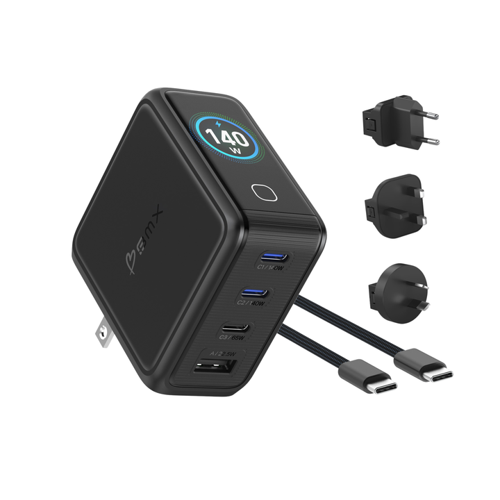 Leistungsstarkes 140W GaN USB-C Ladegerät mit 4 Anschlüssen und LCD Display für schnelles Laden von Laptops.