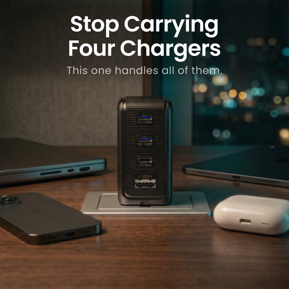 Ultrakompaktes 140W GaN USB-C Netzteil, ein leistungsstarker Multi Lader für Schreibtisch & Reise.