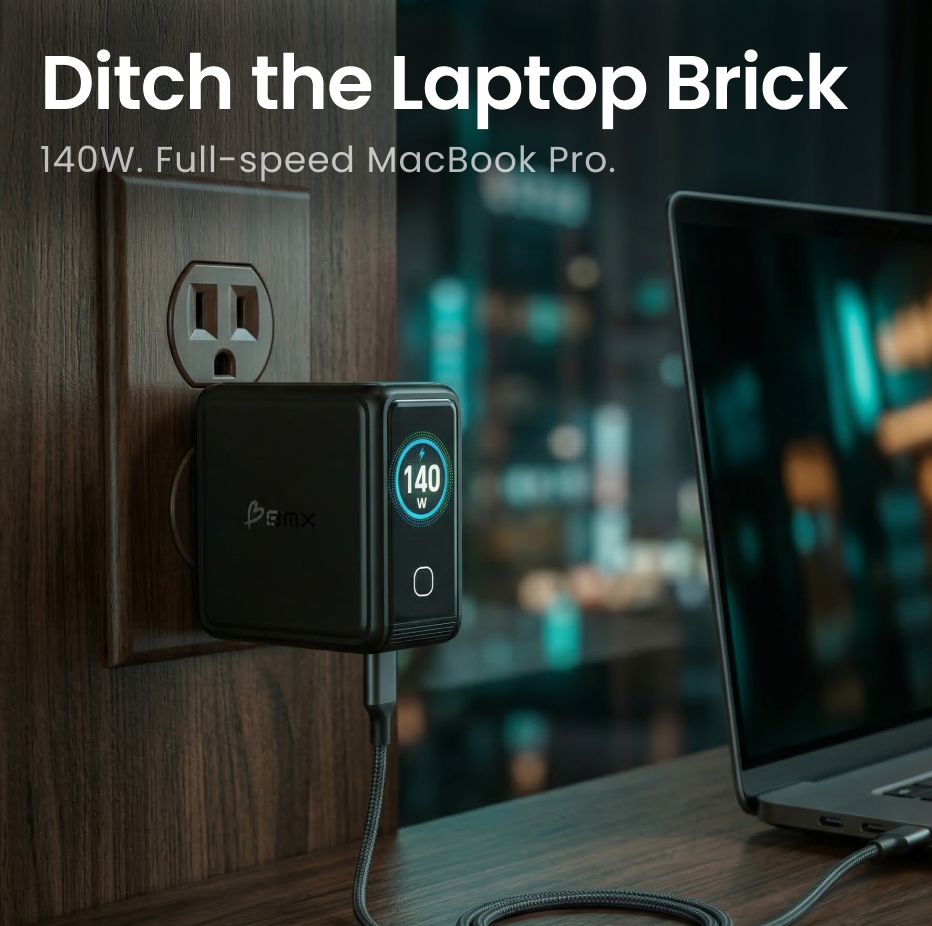 140W Multi GaN Schnelllader mit zwei USB-C und zwei USB-A Anschlüssen lädt 4 Geräte gleichzeitig effizient.