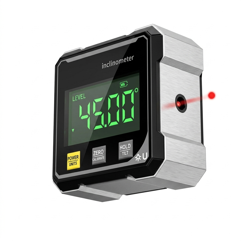 Digitaler Winkelmesser mit Laserlinie für präzise Messungen bei Heimwerken und Handwerk.