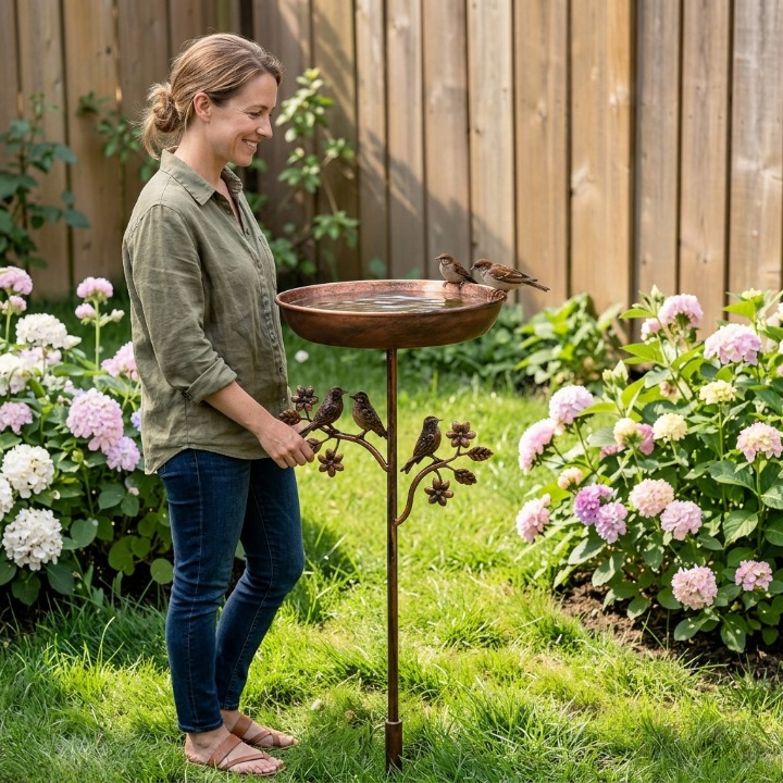 Elegante Gartendeko: Vogeltränke aus Metall in Kupfer-Optik, wetterfest und mit praktischem Erdspieß für den Garten.