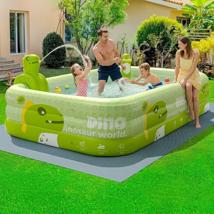 Kleinkind-Planschbecken aufblasbar mit UV-Schutz-Sonnendach. Bunter Dinosaurier-Sprüher für Sommerspaß im Freien.