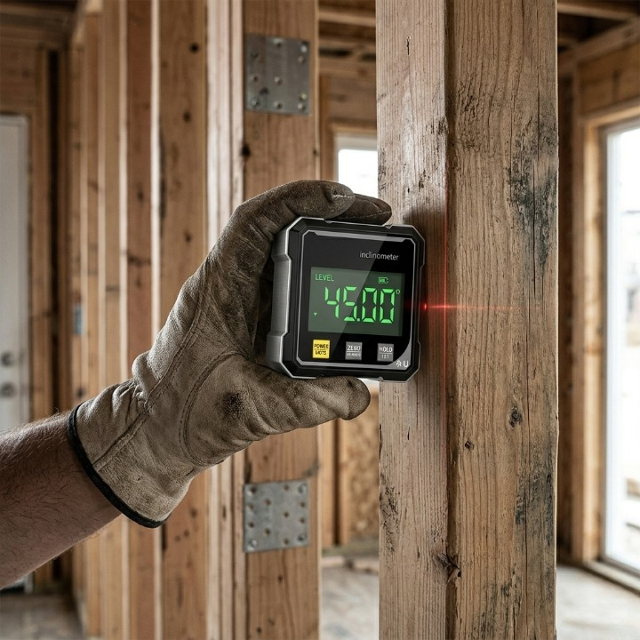 Präziser digitaler Neigungsmesser und Winkelmesser mit Laser für Holz- und Metallbearbeitung.
