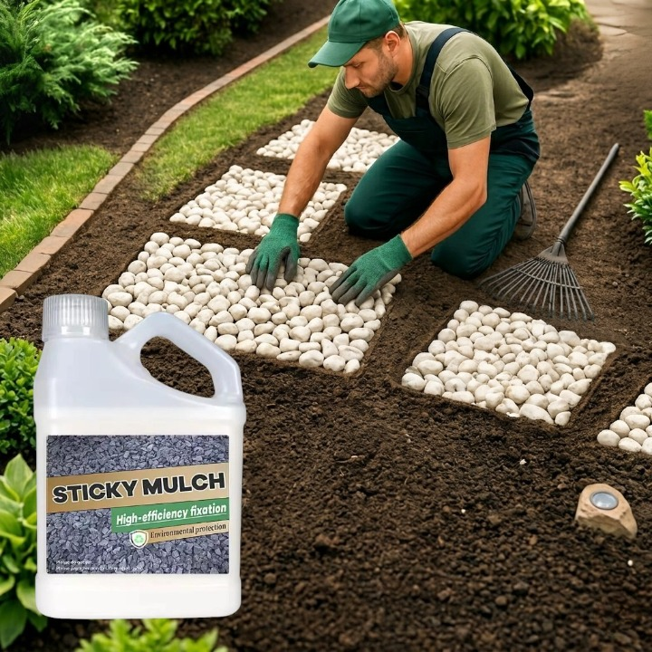Landschaftskleber Konzentrat für festen Halt von Mulch, Kies & Sand in Beeten & auf Gartenwegen.