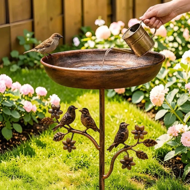 Detailansicht der Metall-Vogeltränke als Vogelbad für Wildvögel, mit schöner Kupfer-Optik und Erdspieß.