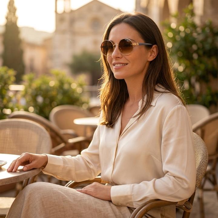 Runde Retro Sonnenbrille für Damen & Herren. Leichtes Metallgestell mit UV400 Schutz, perfekt für den Sommer.