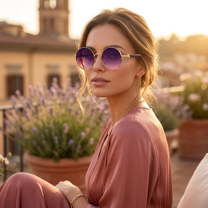 Modische Retro Sonnenbrille mit rundem Metallgestell. Unisex, UV400 Schutz, leicht für Damen & Herren im Sommer.