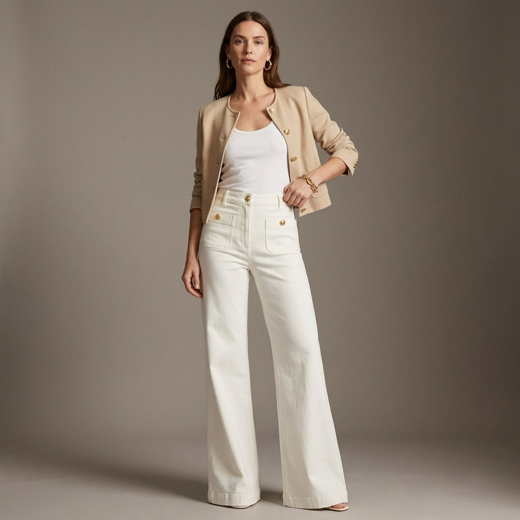 Damen High-Waist Wide-Leg Hose in Jeansoptik. Schmeichelhaft figurformend und beinverlängernd für elegante Looks.