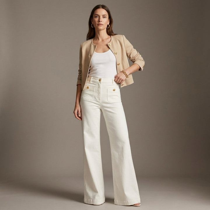Damen High-Waist Wide-Leg Hose in Jeansoptik. Schmeichelhaft figurformend und beinverlängernd für elegante Looks.