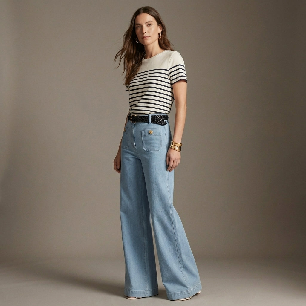 Komfortable Damen Hose mit High-Waist und weitem Bein. Dehnbar und figurformend für stilvolle Freizeitoutfits.
