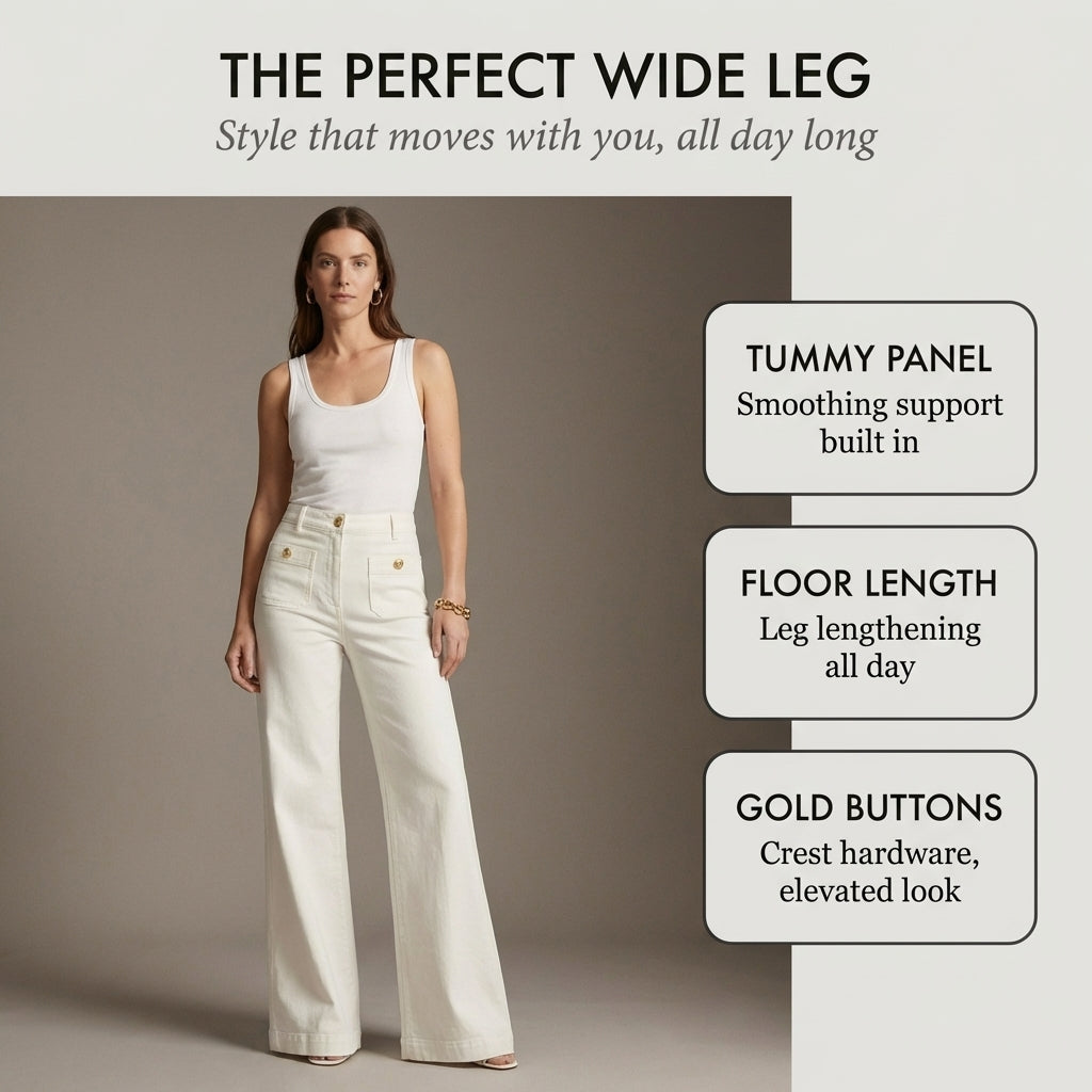 Trendige Damen High-Waist Wide-Leg Hose in Jeansoptik. Figurformend für einen modischen & bequemen Stil.