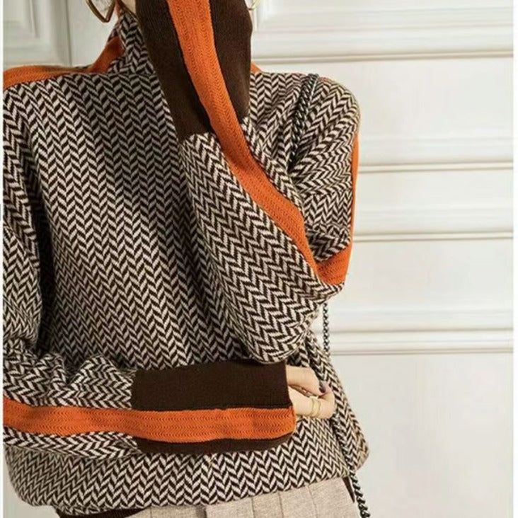 Eleganter Damen Strickpullover, Rollkragen, Langarm, mit modernem geometrischem Design.