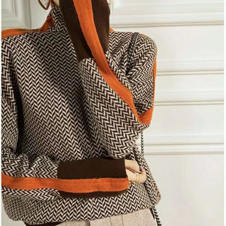 Eleganter Damen Strickpullover, Rollkragen, Langarm, mit modernem geometrischem Design.