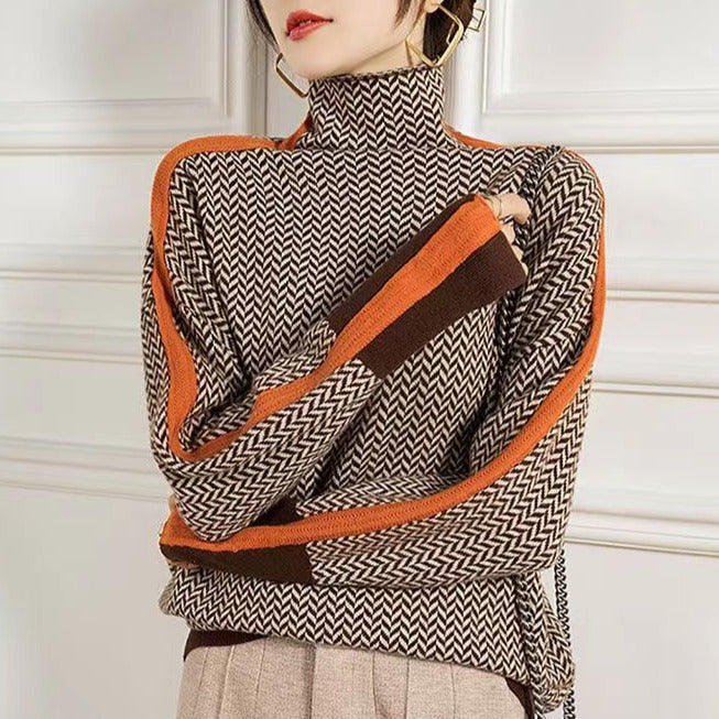 Warmer Damen Winterpullover, bequemer Rollkragen & stylischer geometrischer Strick.