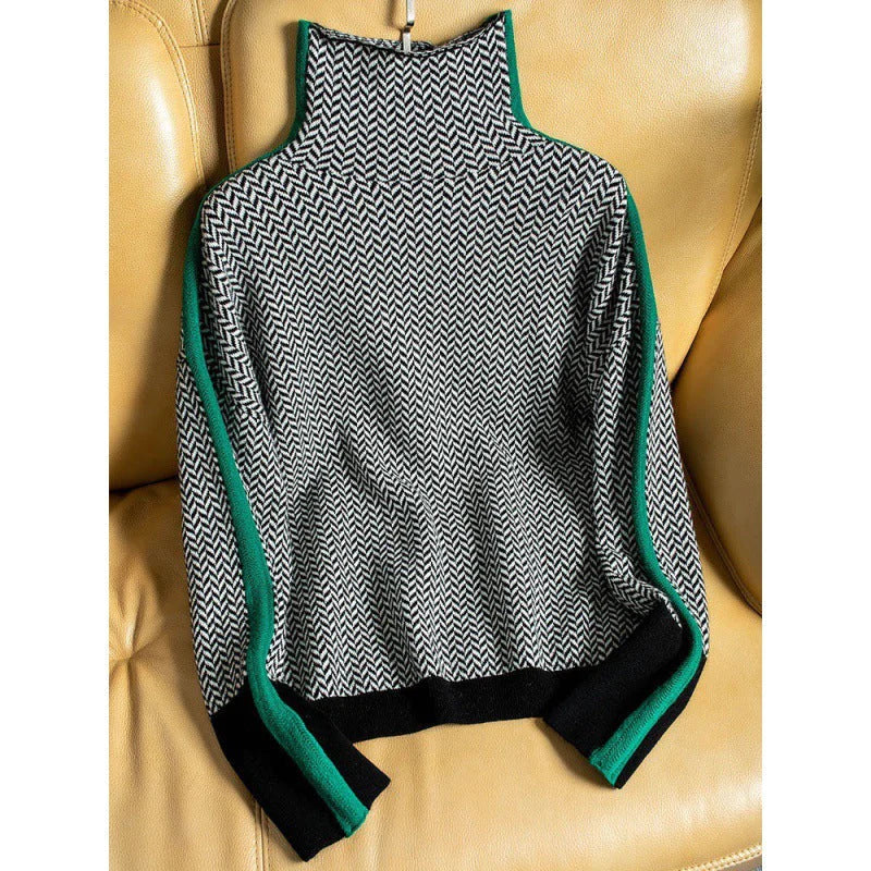 Modischer Damen Herbstpullover, weicher Strick, hoher Rollkragen und geometrisches Muster.