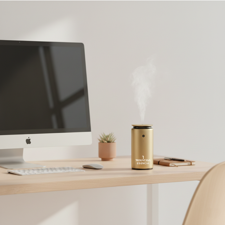 Eleganter goldener Aroma Diffusor, perfekt für Raumbeduftung und Entspannung in jedem Raum oder unterwegs.