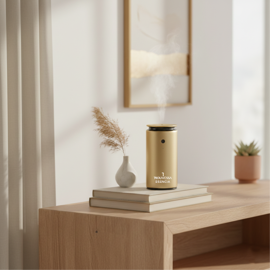 Kompakter goldener Duftöl Diffusor für wohltuende Aromen und Entspannung im Büro oder Auto.