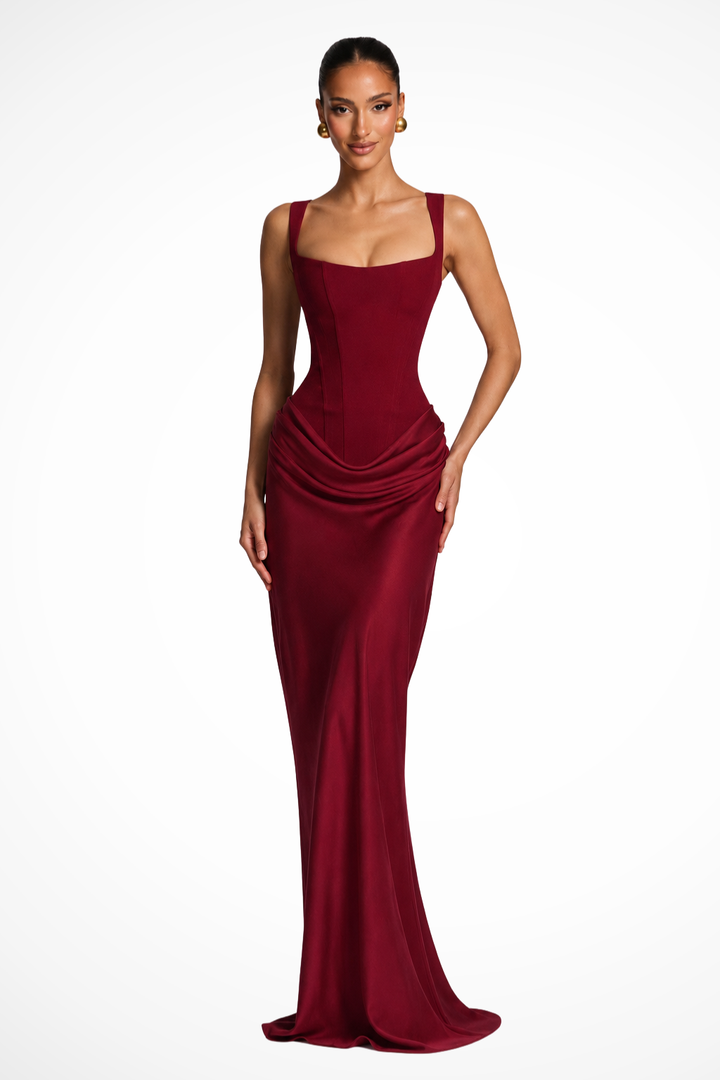 Elegantes Damen Maxikleid in Burgund mit eckigem Ausschnitt und Korsett-Stil, ideal für Hochzeitsgäste und Gala.