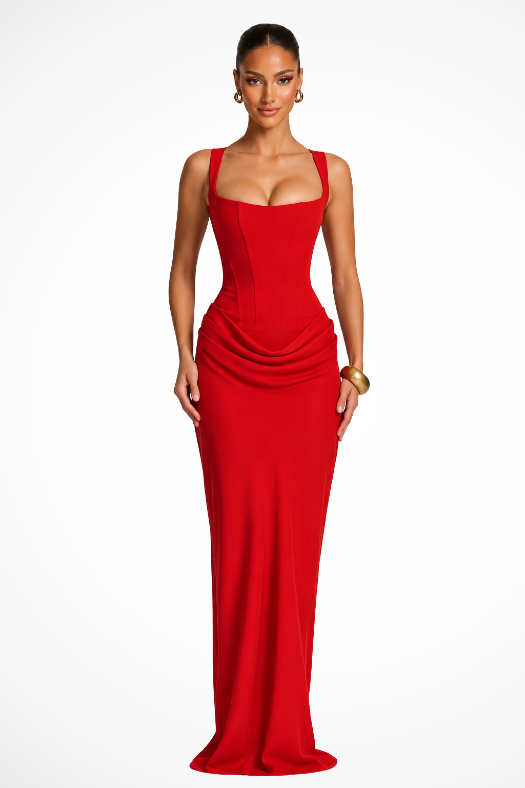 Burgund Maxikleid mit Korsett-Stil und eckigem Ausschnitt, perfekt als elegantes Hochzeitsgast- oder Gala-Kleid.