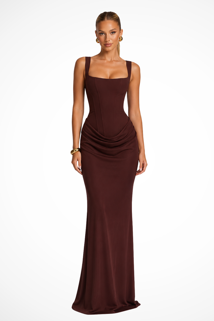 Elegantes Damen Festkleid in Königsblau mit eckigem Ausschnitt und Korsett-Stil, ideal für besondere Anlässe.