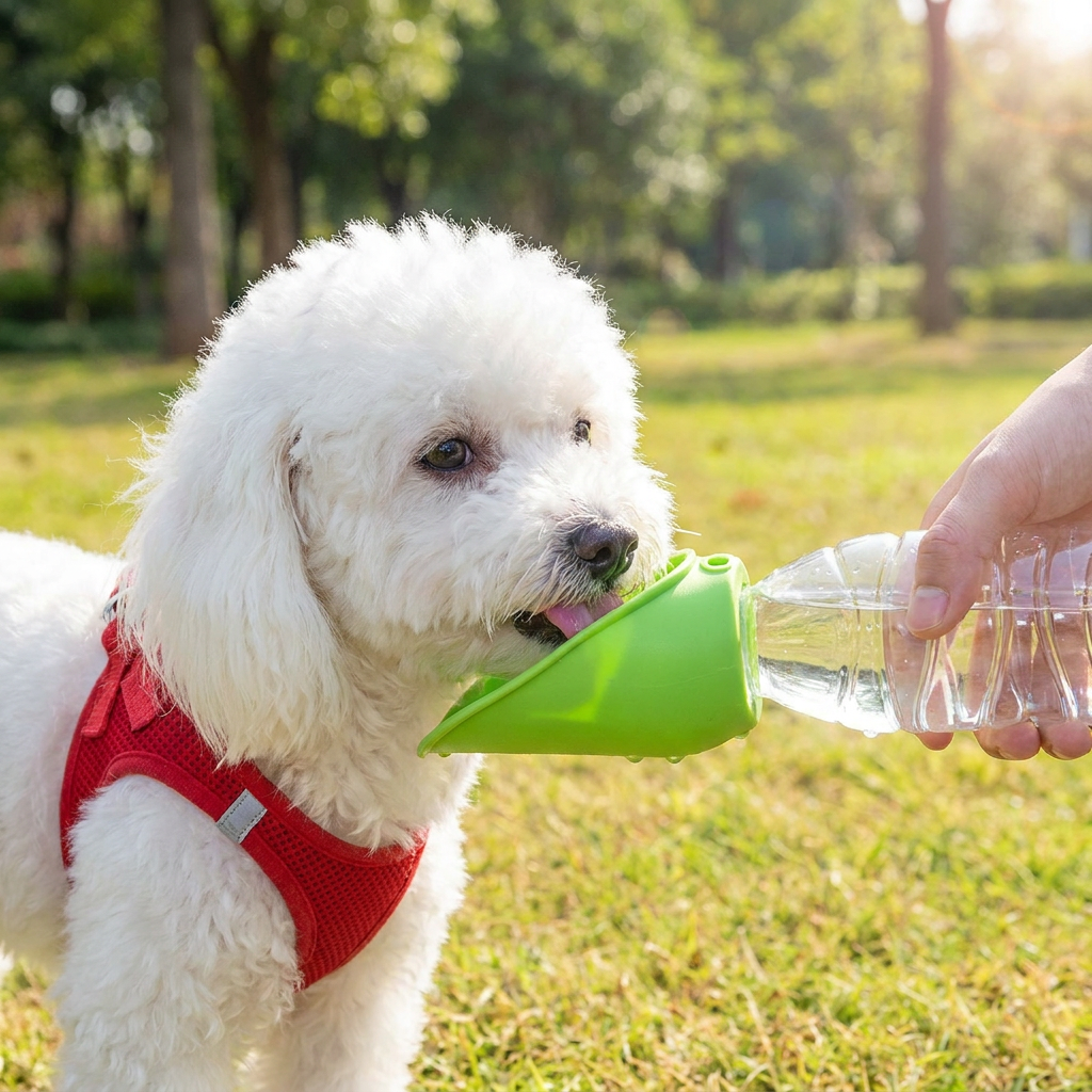 Kompakter Silikon Trinkaufsatz für Trinkflasche. Leicht zu transportierender, mobiler Wassernapf für Haustiere.