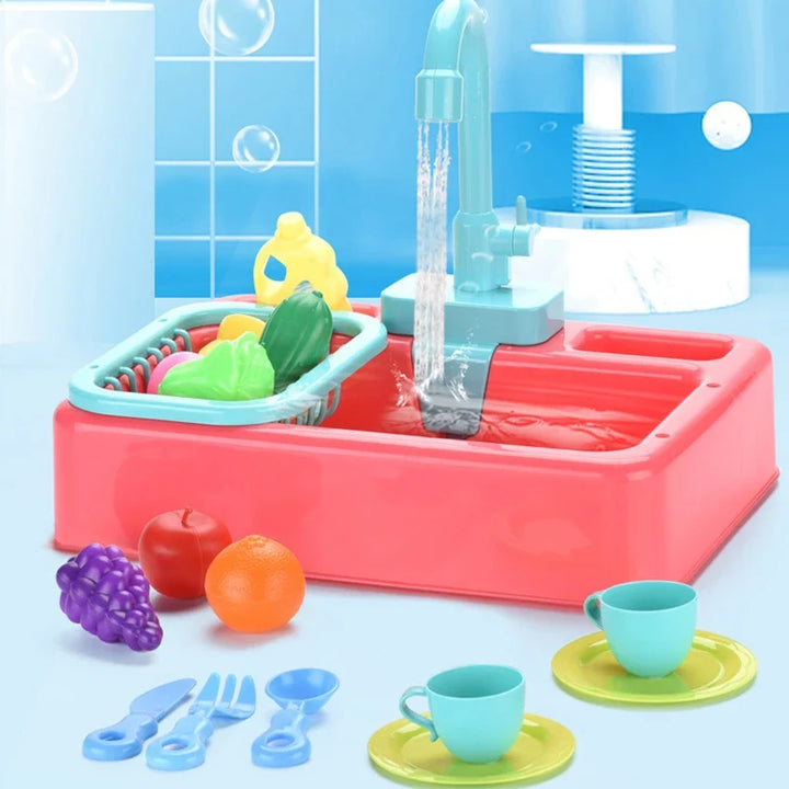Interaktives Spülbecken-Spielset für Kinder, simuliert Spülen mit echtem Wasser, ideal für Vorschulkinder.