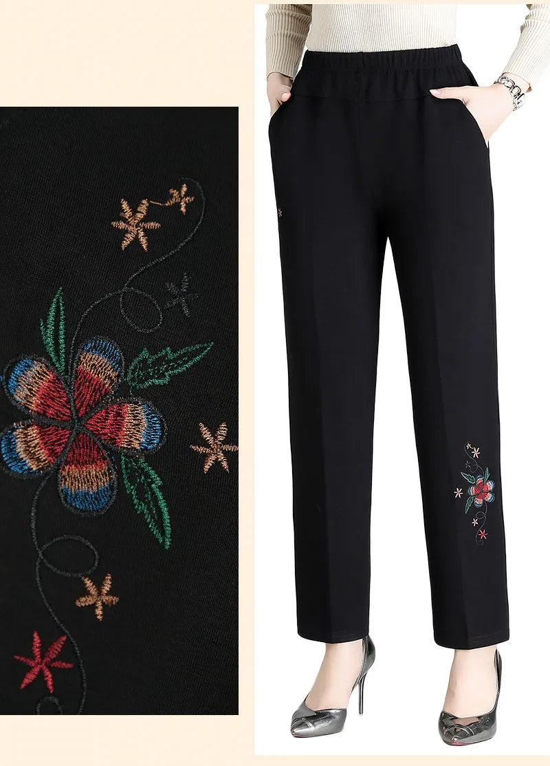 Modische Damen Bestickte Hose in Übergröße, hohe Taille, mit Blumenmotiv, für kühle Tage geeignet.