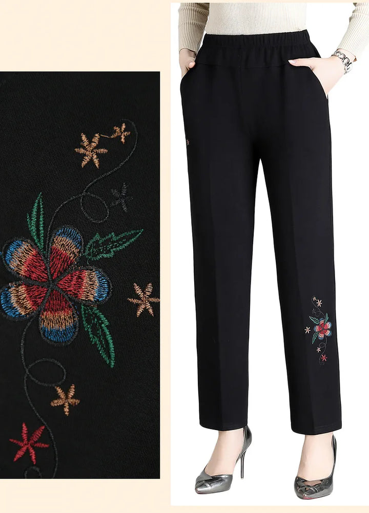 Modische Damen Bestickte Hose in Übergröße, hohe Taille, mit Blumenmotiv, für kühle Tage geeignet.