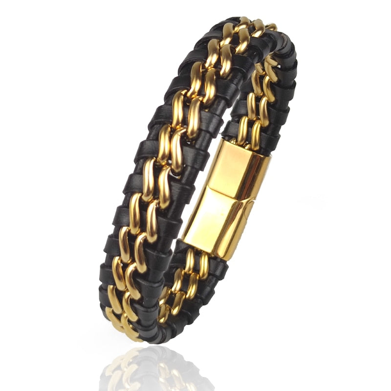 Maskulines Echtleder-Herrenarmband mit Gliederkette. Stilvolles Accessoire, ideal als Geschenk für Männer.