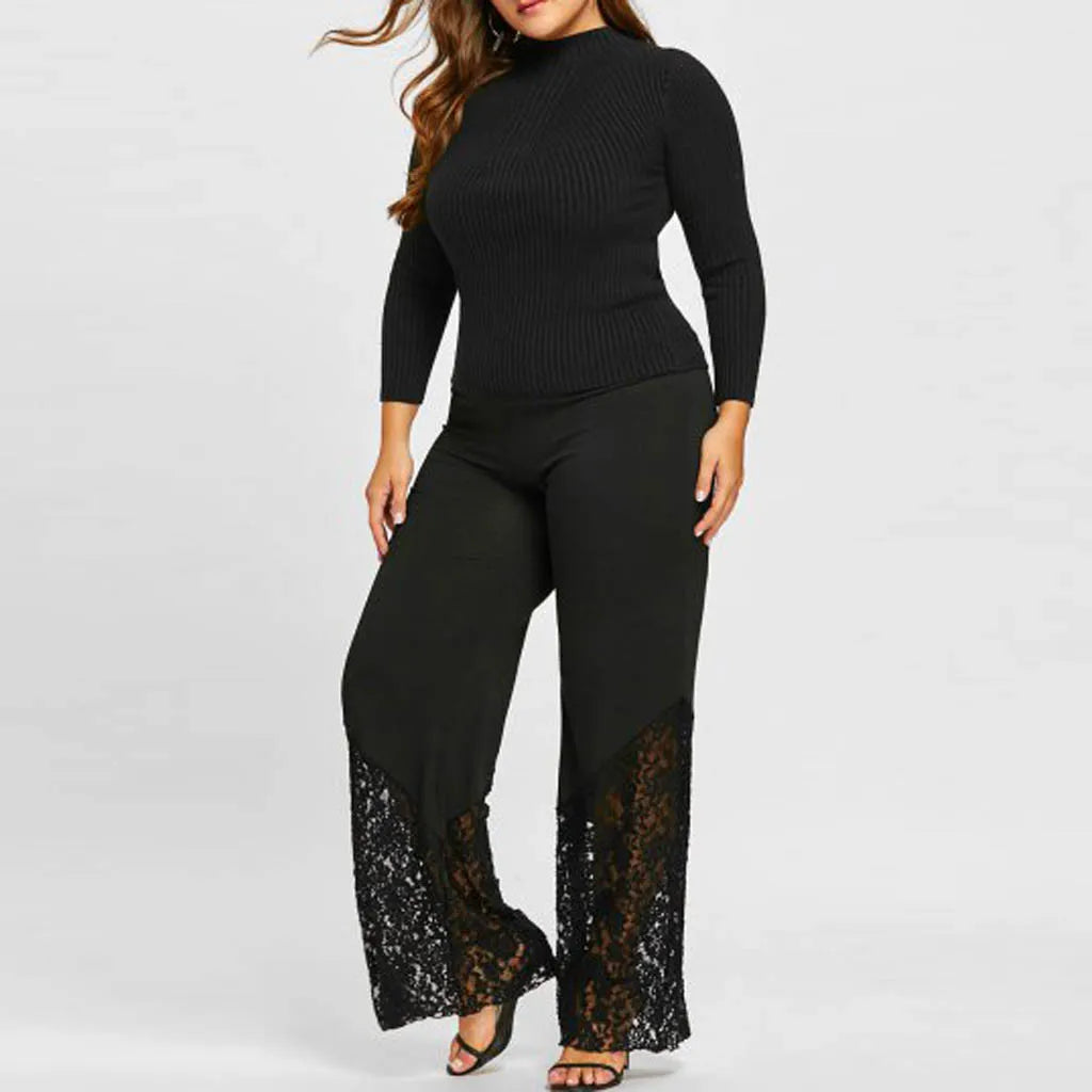 Modische Damen Übergrößen Freizeithose mit High Waist und Spitze, weites Bein.
