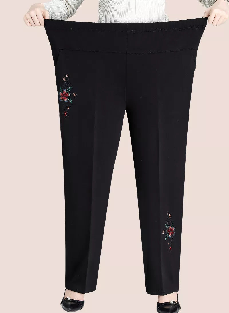Stylische Damen Plus Size Hose mit hoher Taille, detailliert bestickt, perfekt für gemütliche Herbsttage.