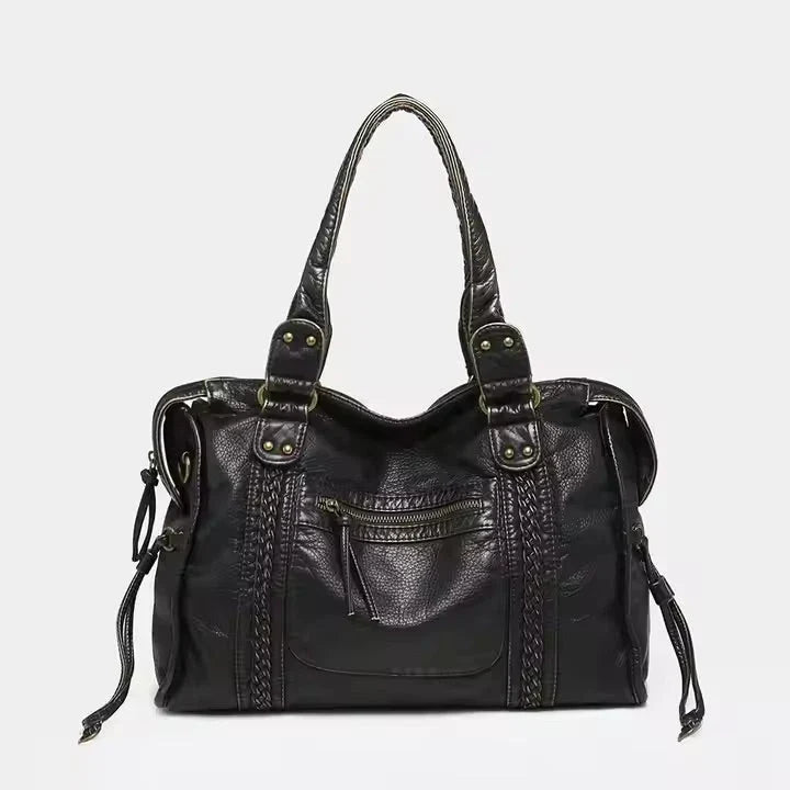 Elegante schwarze Damen Schultertasche aus Vintage-Veganleder. Stilvolles Accessoire für Alltag und besondere Anlässe.