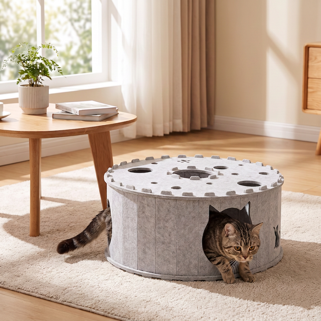Faltbares 4-in-1 Katzen-Tunnelhaus: Spieltunnel, Katzenbett, Höhle und Kratzbaum für glückliche Katzen.
