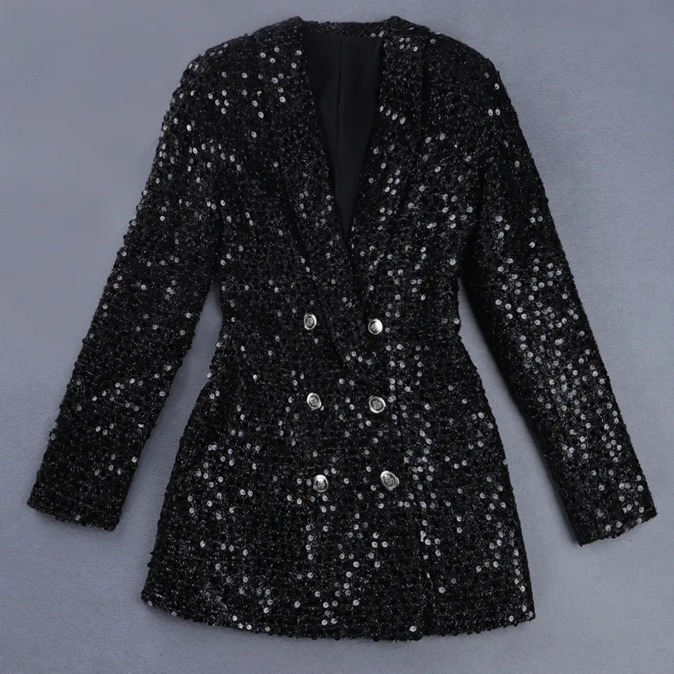 Festlicher schwarzer Damen Overall mit Pailletten-Blazer-Detail, glamourös und elegant für den Abend.