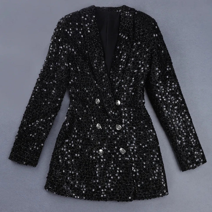 Festlicher schwarzer Damen Overall mit Pailletten-Blazer-Detail, glamourös und elegant für den Abend.