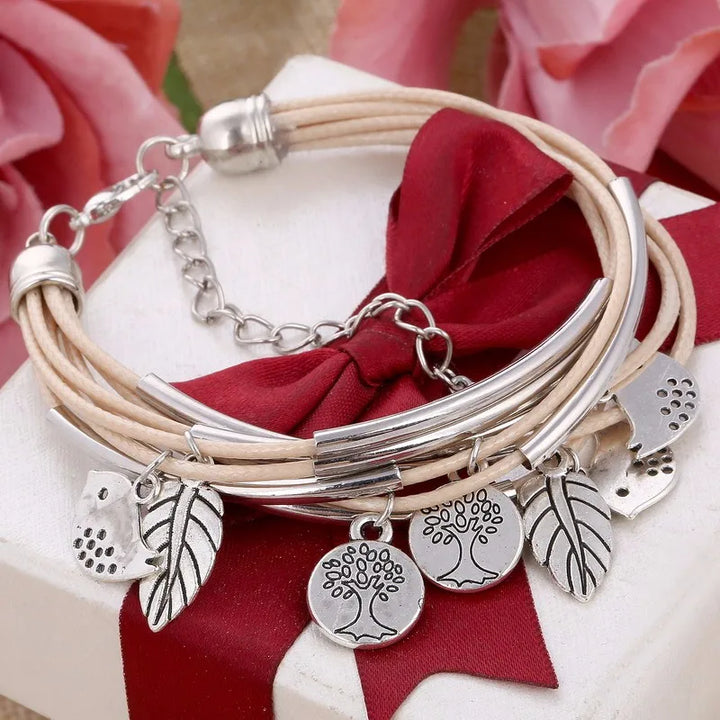 Mehrschichtiges Unisex-Armband, Natur-Blätter & Vogel-Charm, Geschenk.
